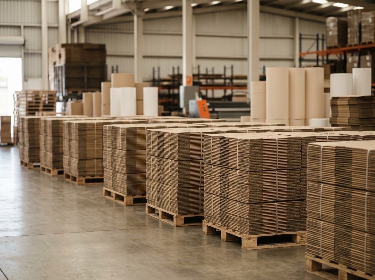 Almacén de BUGA PAPER con tarimas de cajas de cartón corrugado apiladas