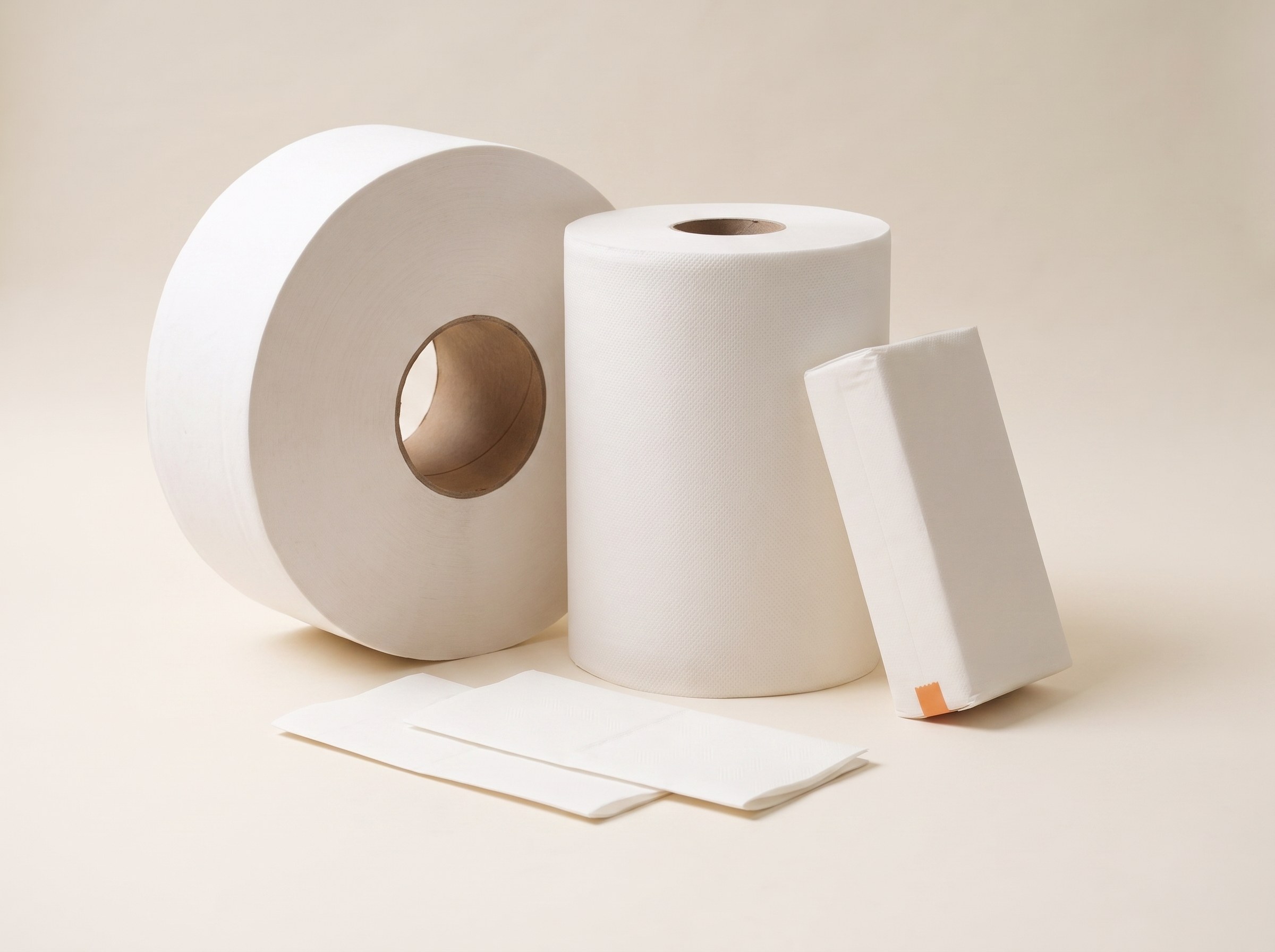 Rollo de papel higiénico jumbo junto a toallas interdobladas BUGA PAPER